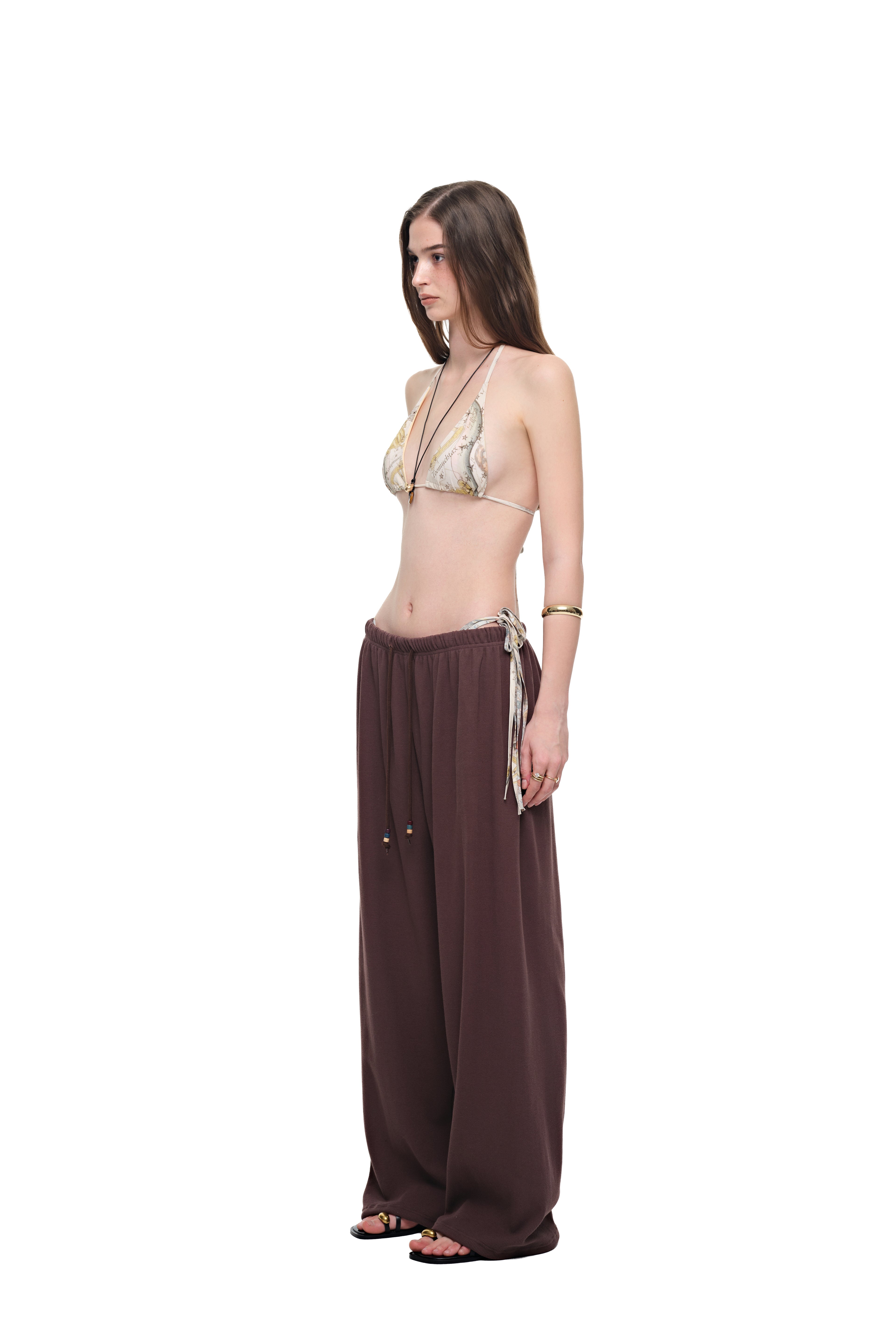 WOOD BEAD WAFFLE PANTS (BROWN)