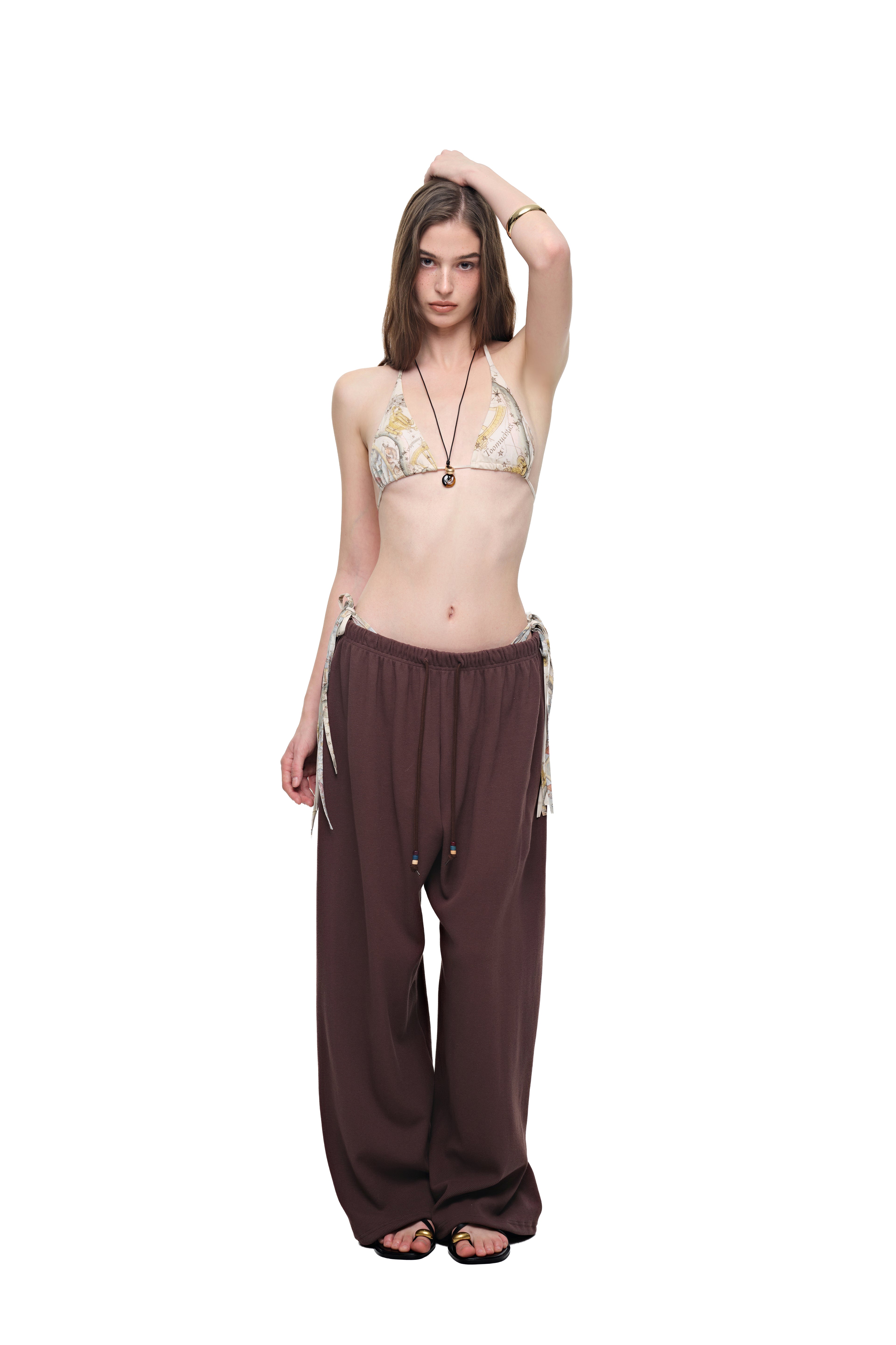 WOOD BEAD WAFFLE PANTS (BROWN)