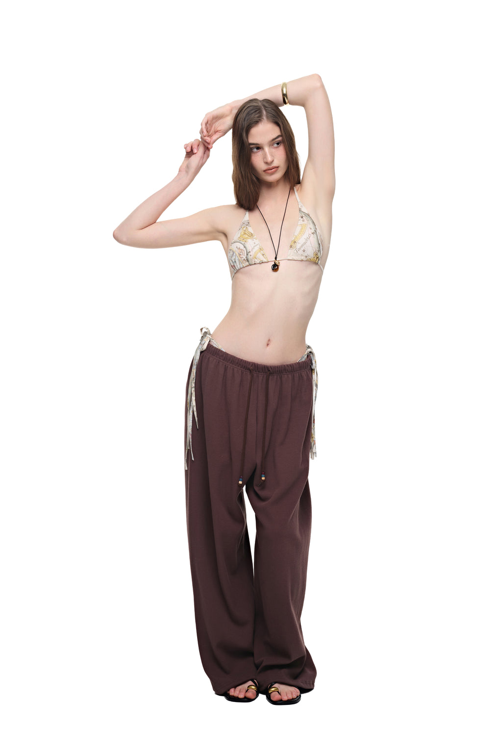 WOOD BEAD WAFFLE PANTS (BROWN)