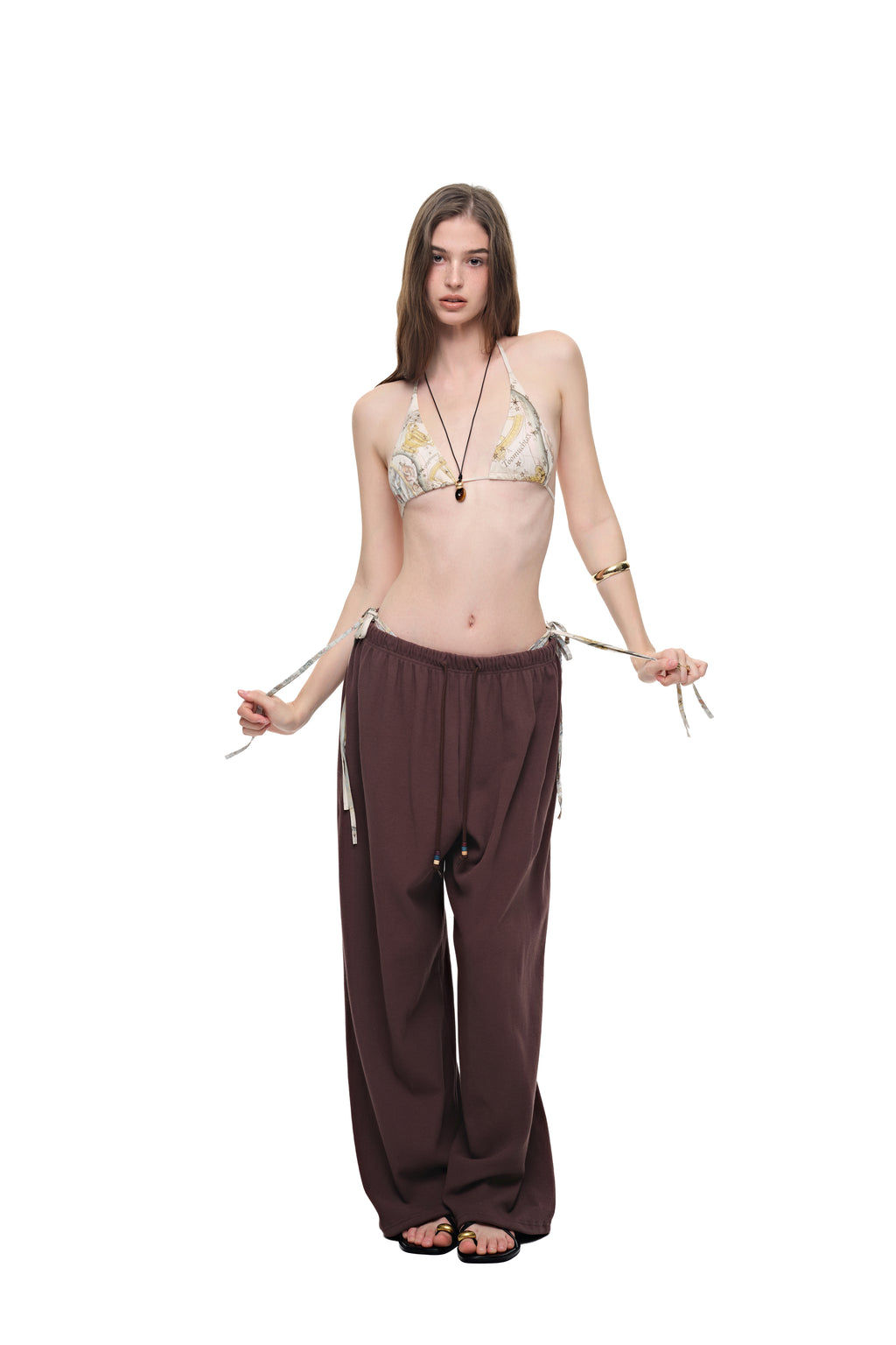WOOD BEAD WAFFLE PANTS (BROWN)
