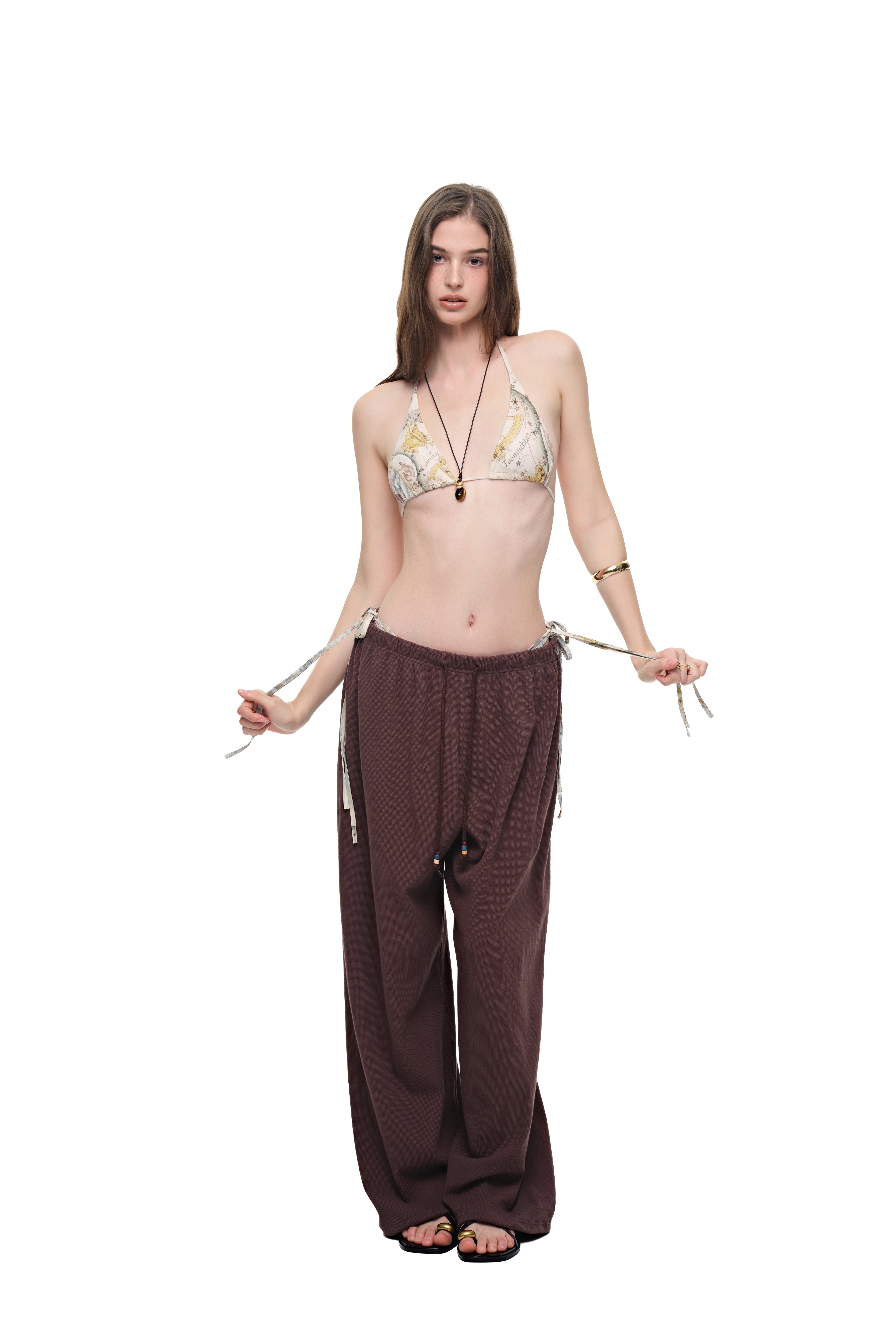 WOOD BEAD WAFFLE PANTS (BROWN)
