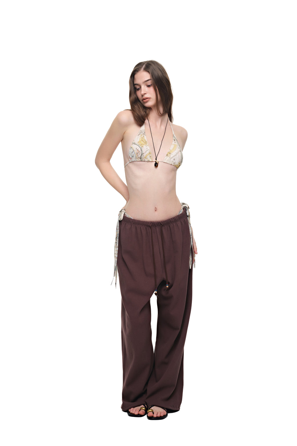 WOOD BEAD WAFFLE PANTS (BROWN)
