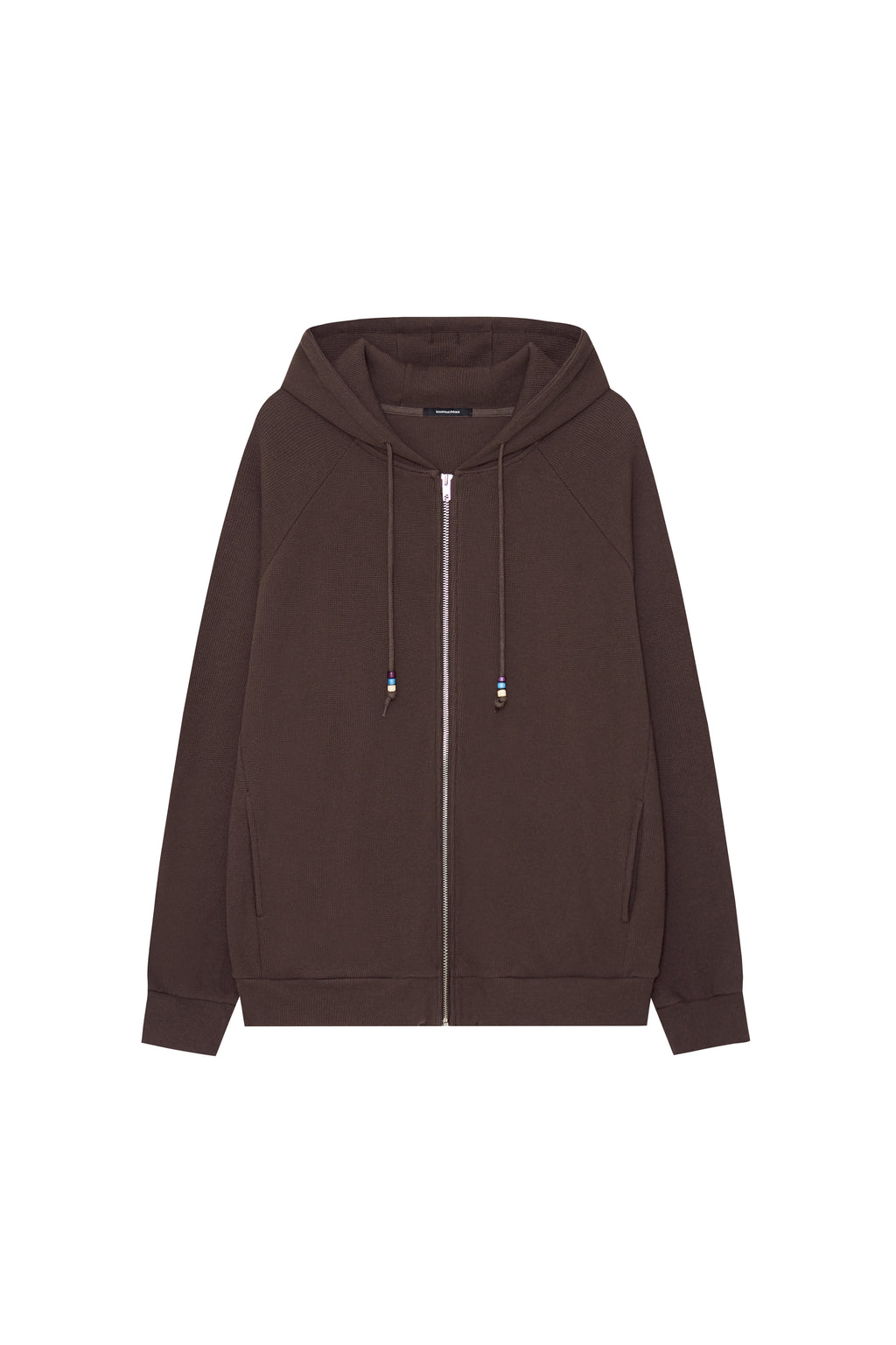 WOOD BEAD WAFFLE ZIP-UP HOODIE (BROWN)