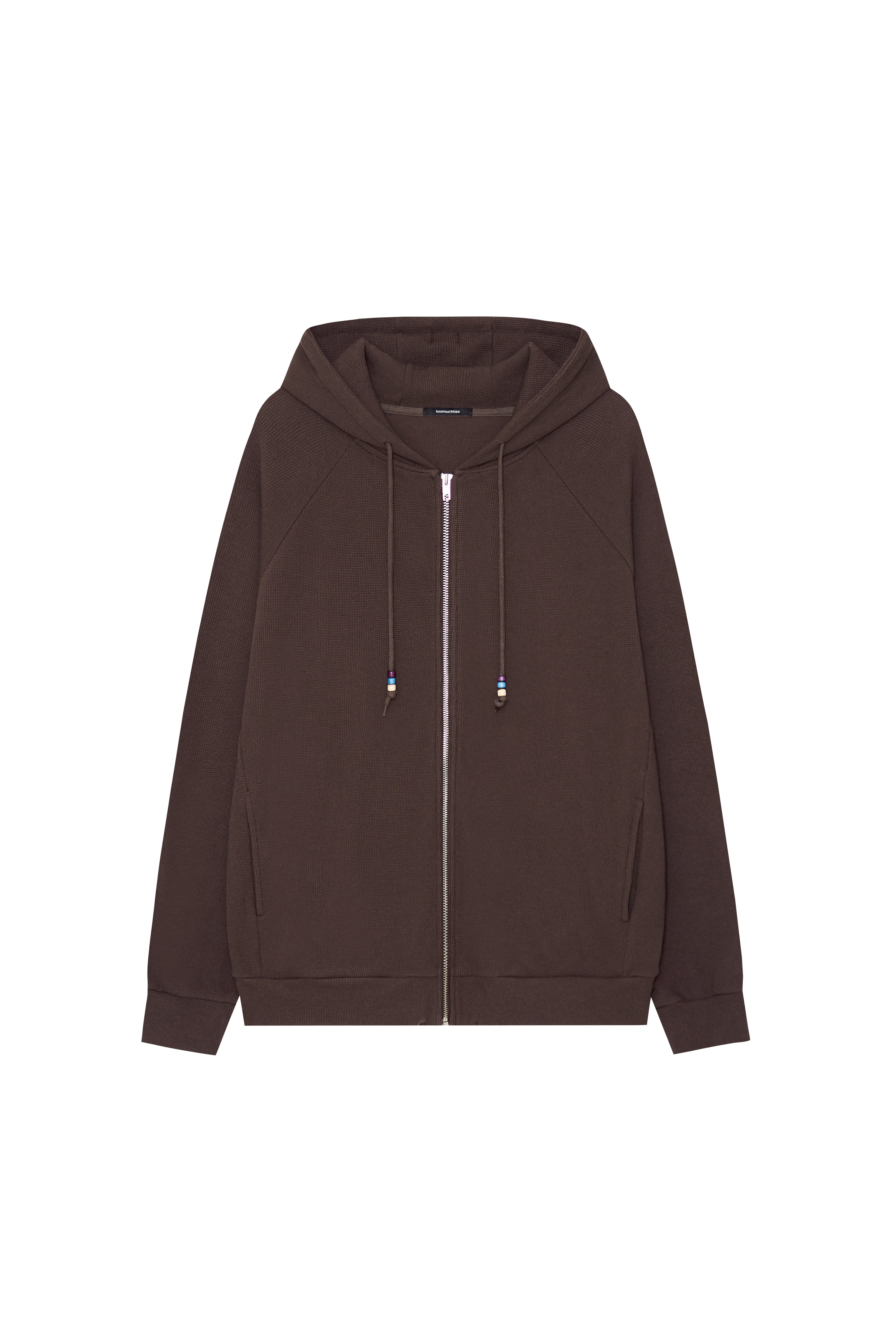 WOOD BEAD WAFFLE ZIP-UP HOODIE (BROWN)