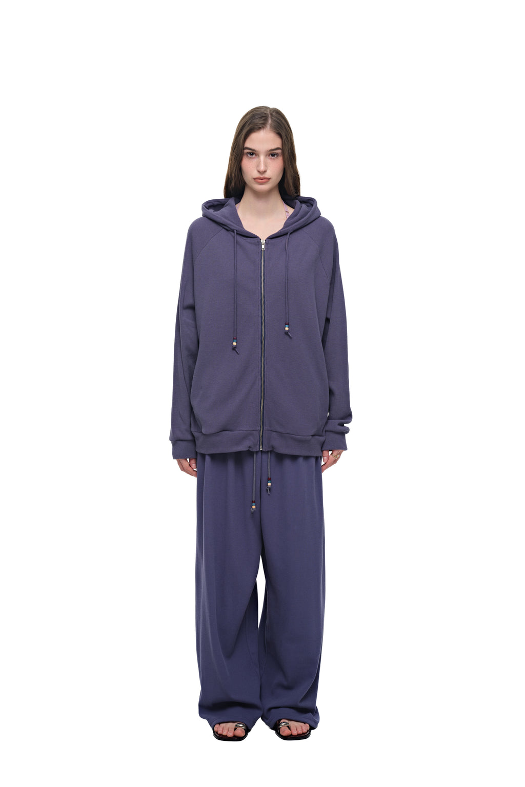 WOOD BEAD WAFFLE ZIP-UP HOODIE (BLUE)