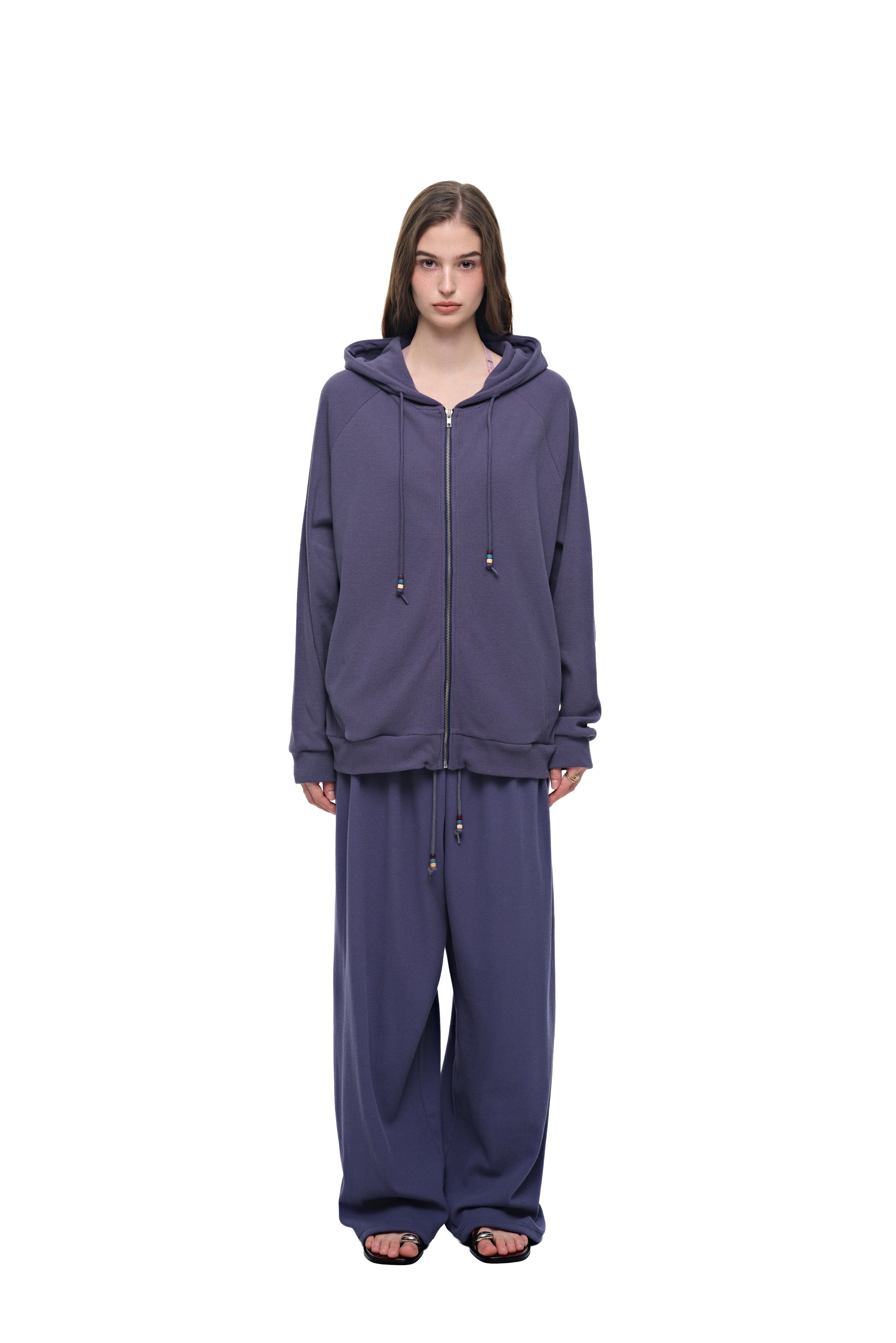 WOOD BEAD WAFFLE ZIP-UP HOODIE (BLUE)