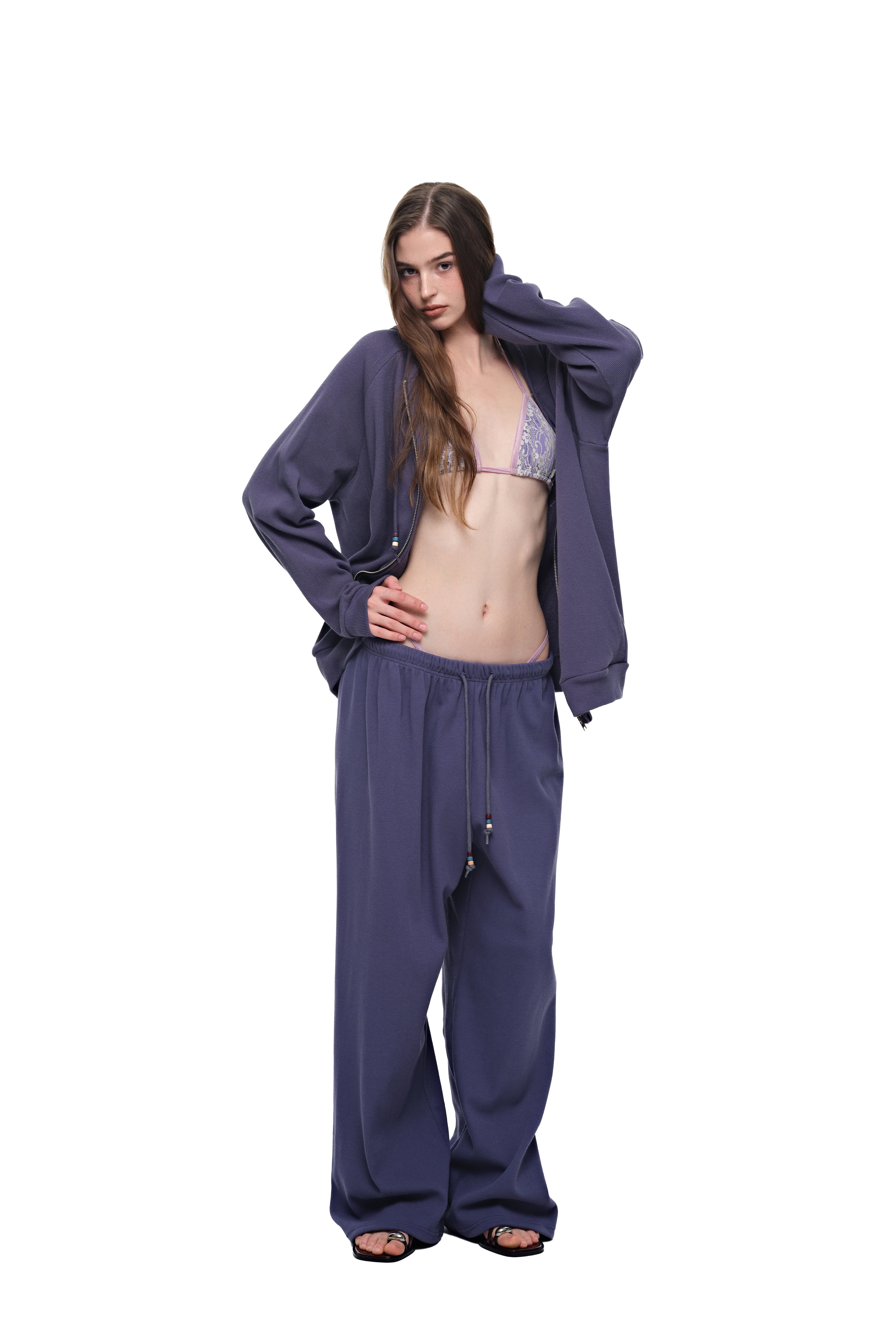 WOOD BEAD WAFFLE ZIP-UP HOODIE (BLUE)