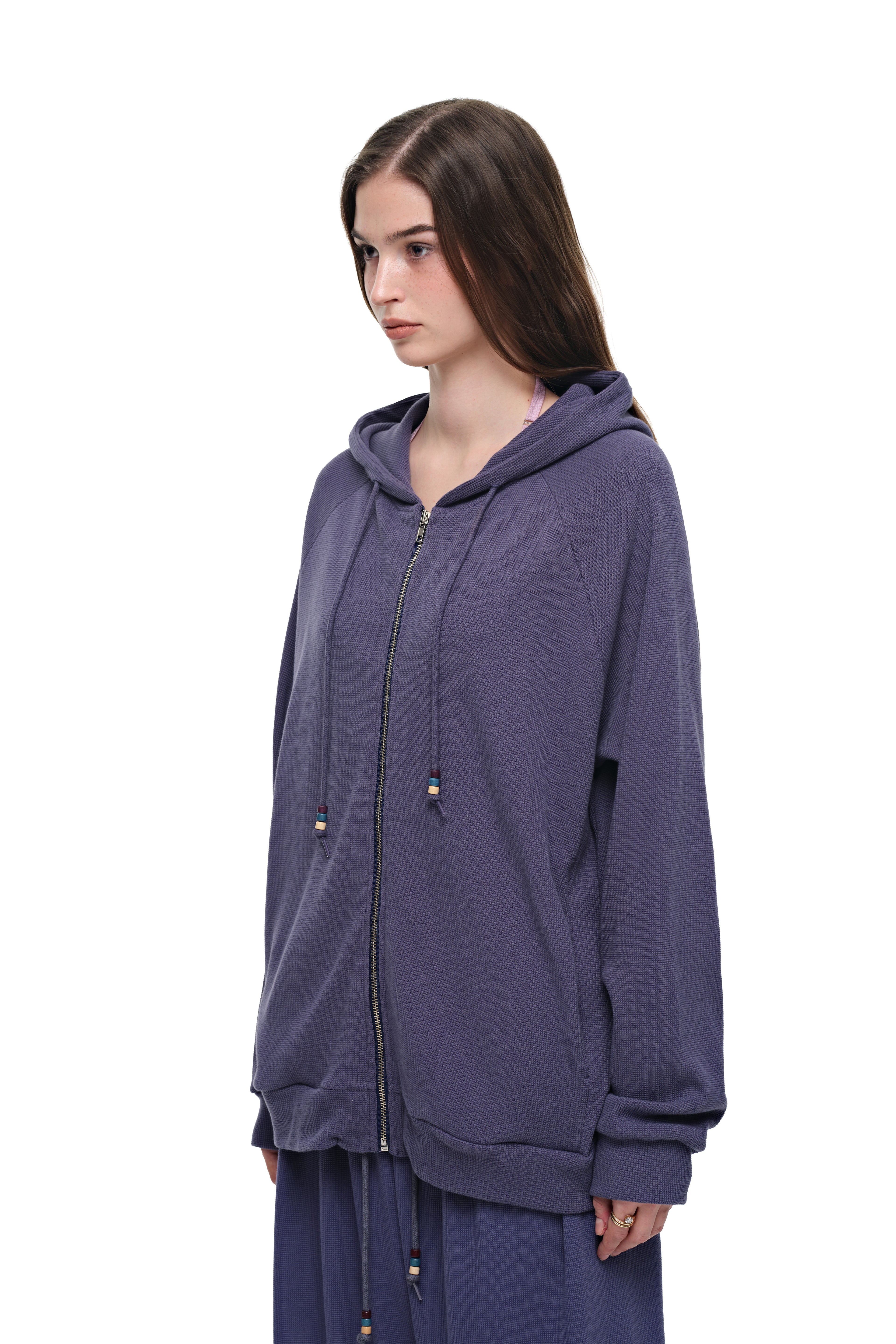 WOOD BEAD WAFFLE ZIP-UP HOODIE (BLUE)