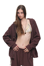 WOOD BEAD WAFFLE ZIP-UP HOODIE (BROWN)