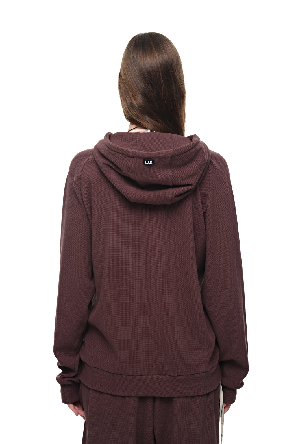 WOOD BEAD WAFFLE ZIP-UP HOODIE (BROWN)
