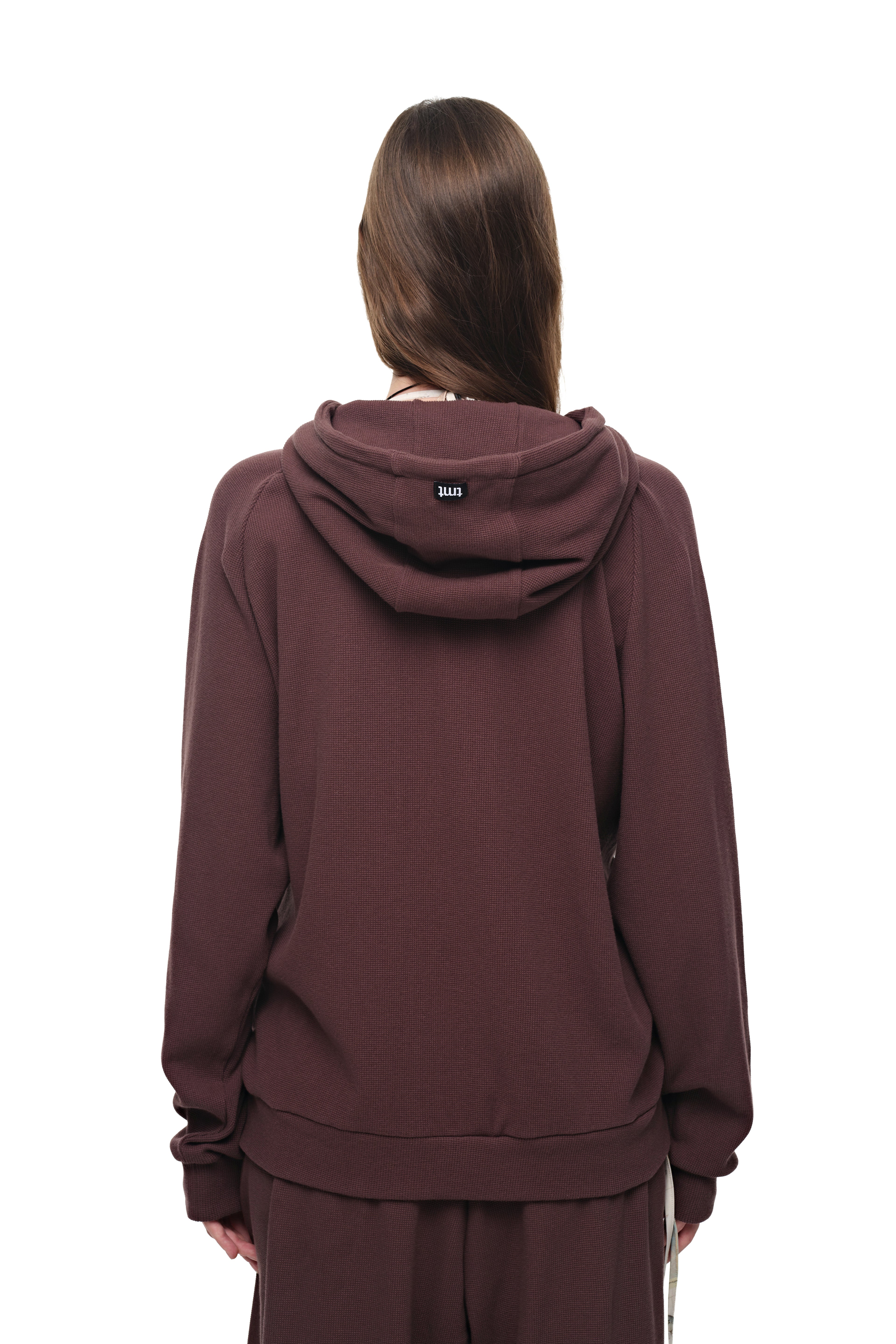 WOOD BEAD WAFFLE ZIP-UP HOODIE (BROWN)