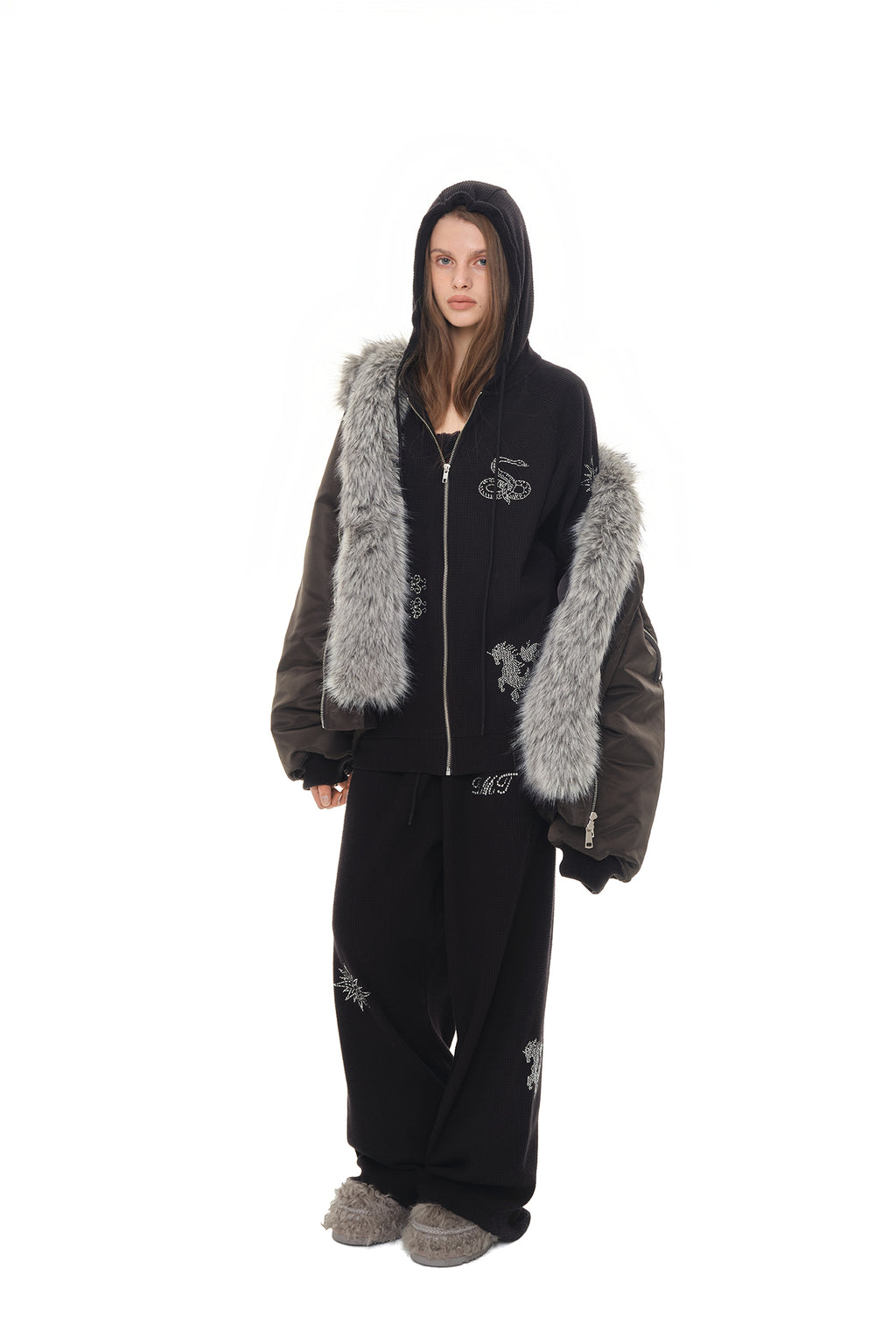ZODIAC HOTFIX WAFFLE ZIP-UP HOODIE (BLACK)