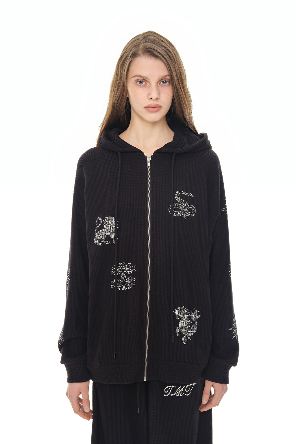 ZODIAC HOTFIX WAFFLE ZIP-UP HOODIE (BLACK)