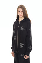 ZODIAC HOTFIX WAFFLE ZIP-UP HOODIE (BLACK)