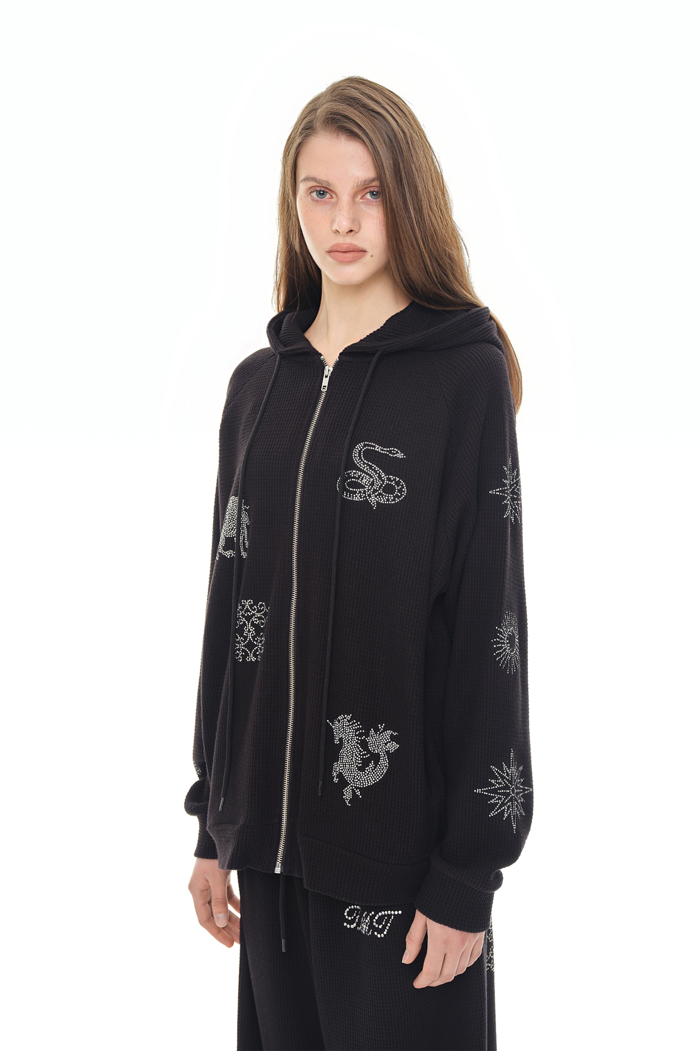ZODIAC HOTFIX WAFFLE ZIP-UP HOODIE (BLACK)