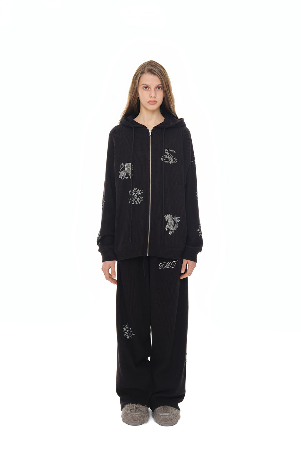 ZODIAC HOTFIX WAFFLE ZIP-UP HOODIE (BLACK)