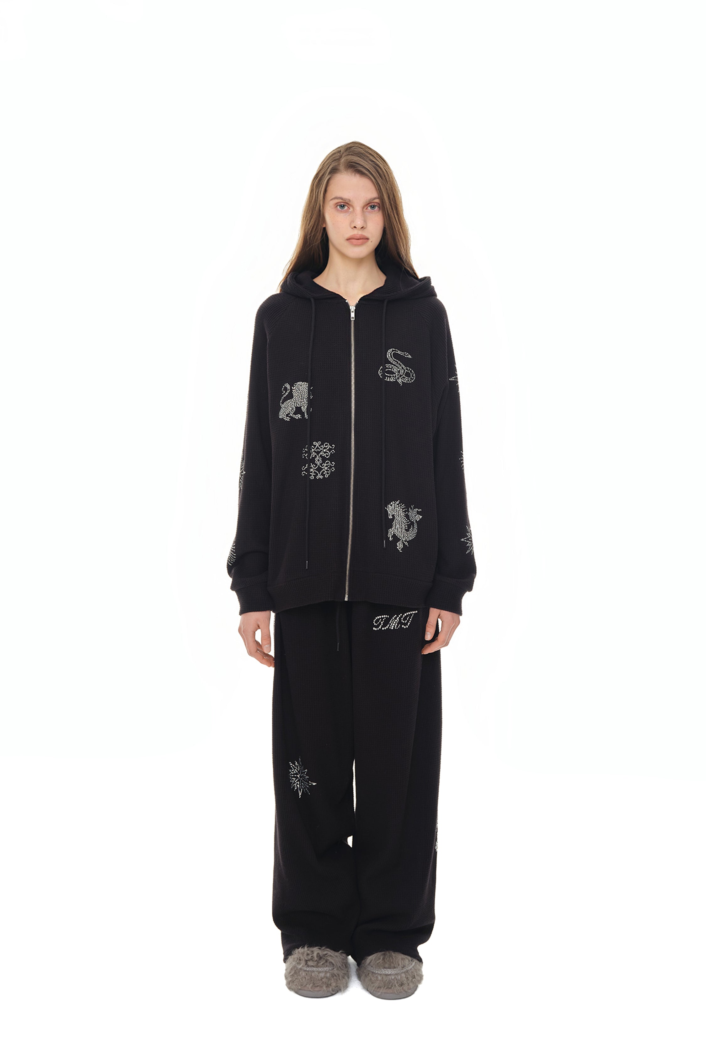 ZODIAC HOTFIX WAFFLE ZIP-UP HOODIE (BLACK)