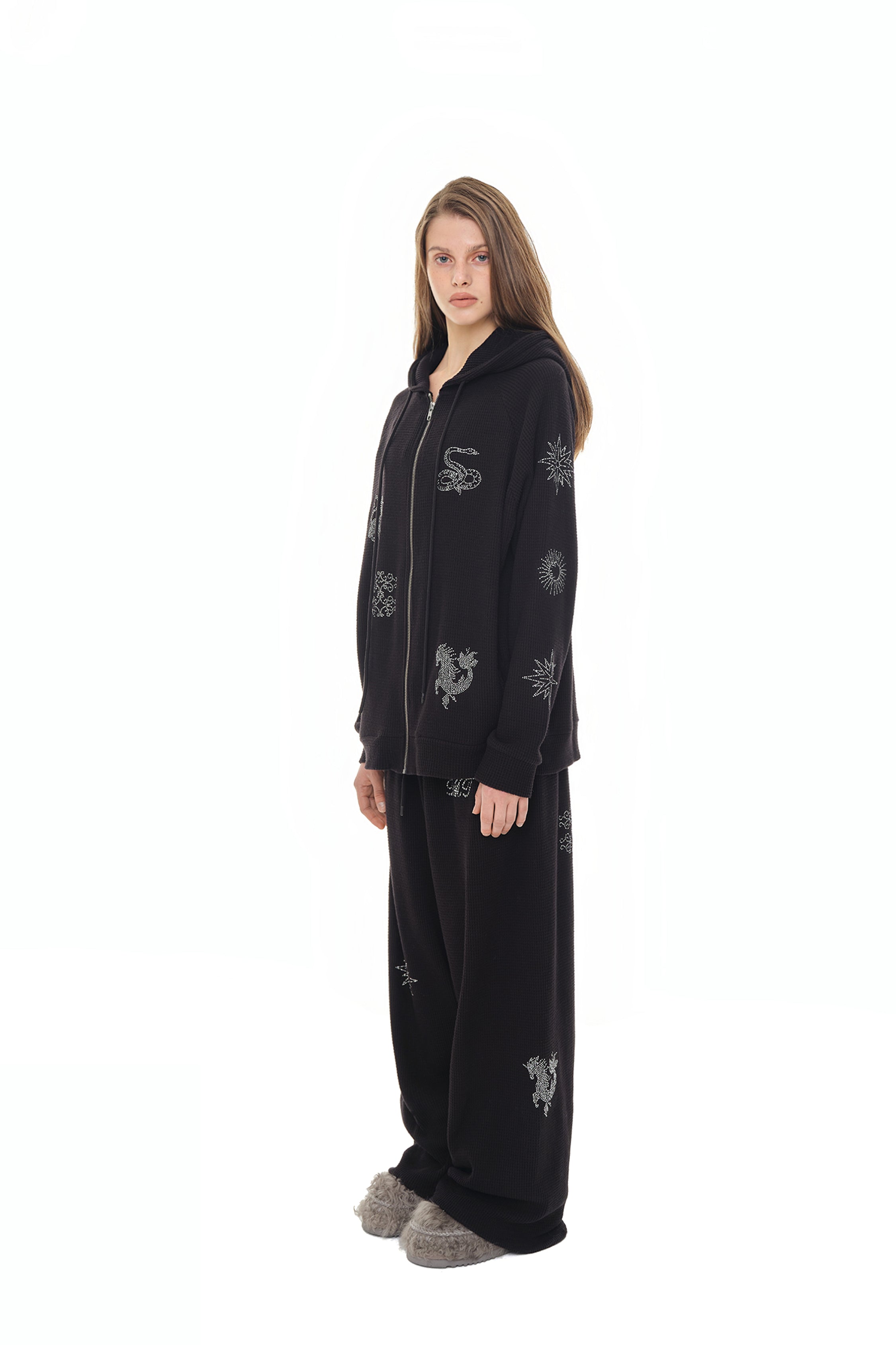 ZODIAC HOTFIX WAFFLE ZIP-UP HOODIE (BLACK)