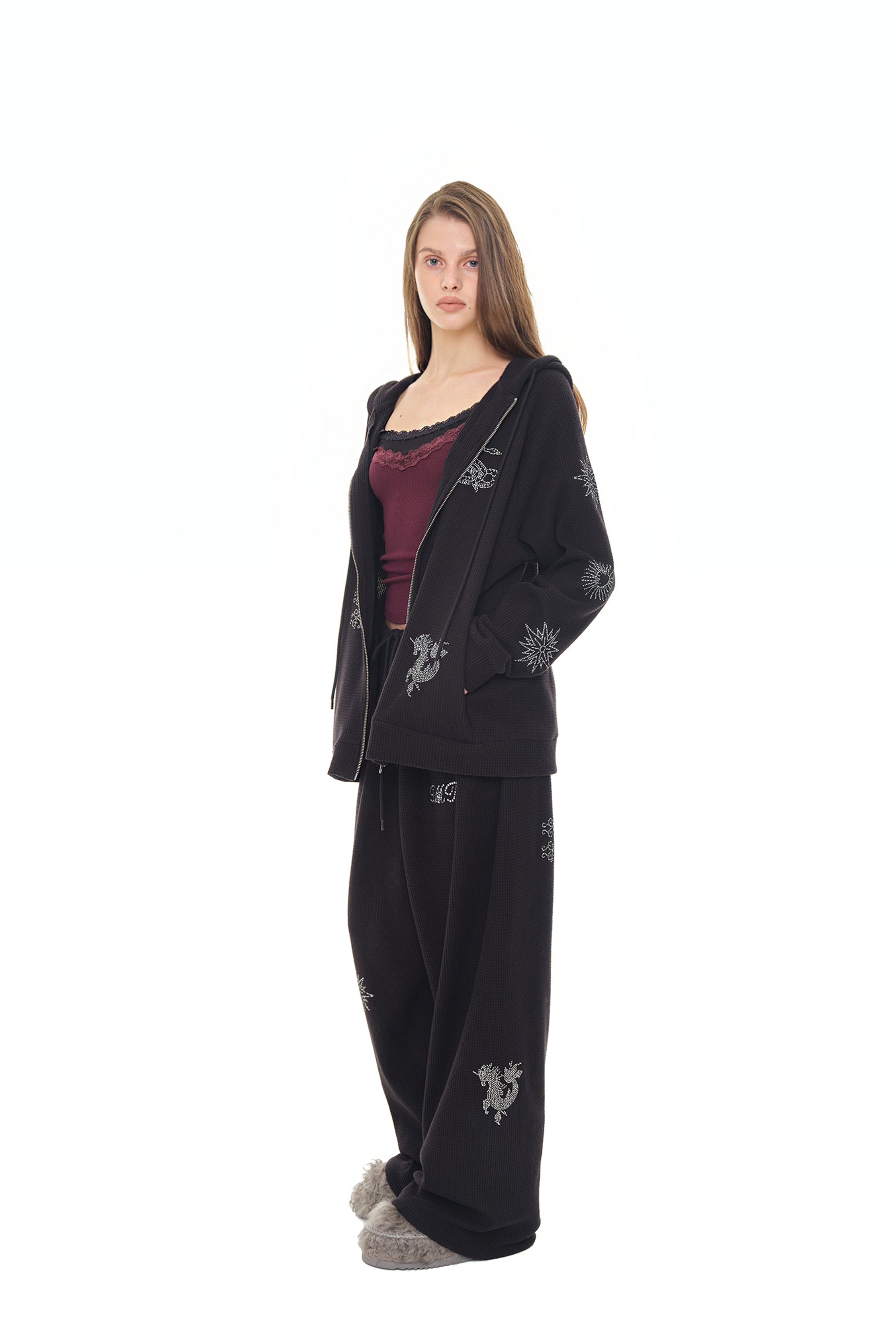 ZODIAC HOTFIX WAFFLE ZIP-UP HOODIE (BLACK)