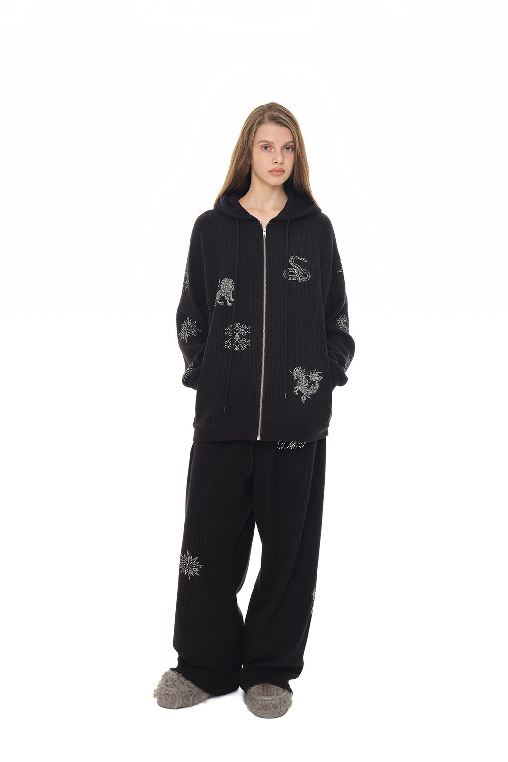 ZODIAC HOTFIX WAFFLE ZIP-UP HOODIE (BLACK)
