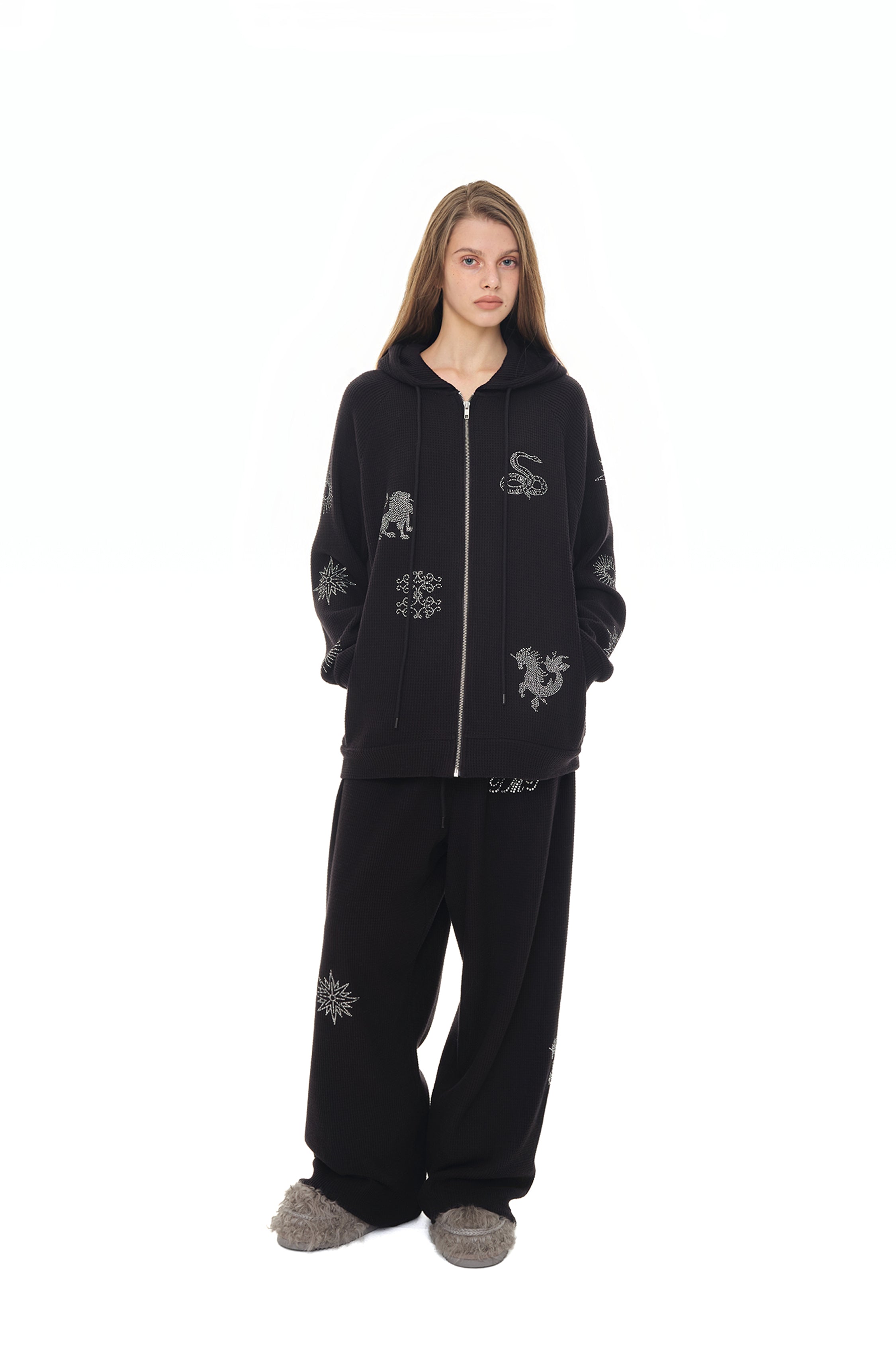 ZODIAC HOTFIX WAFFLE ZIP-UP HOODIE (BLACK)
