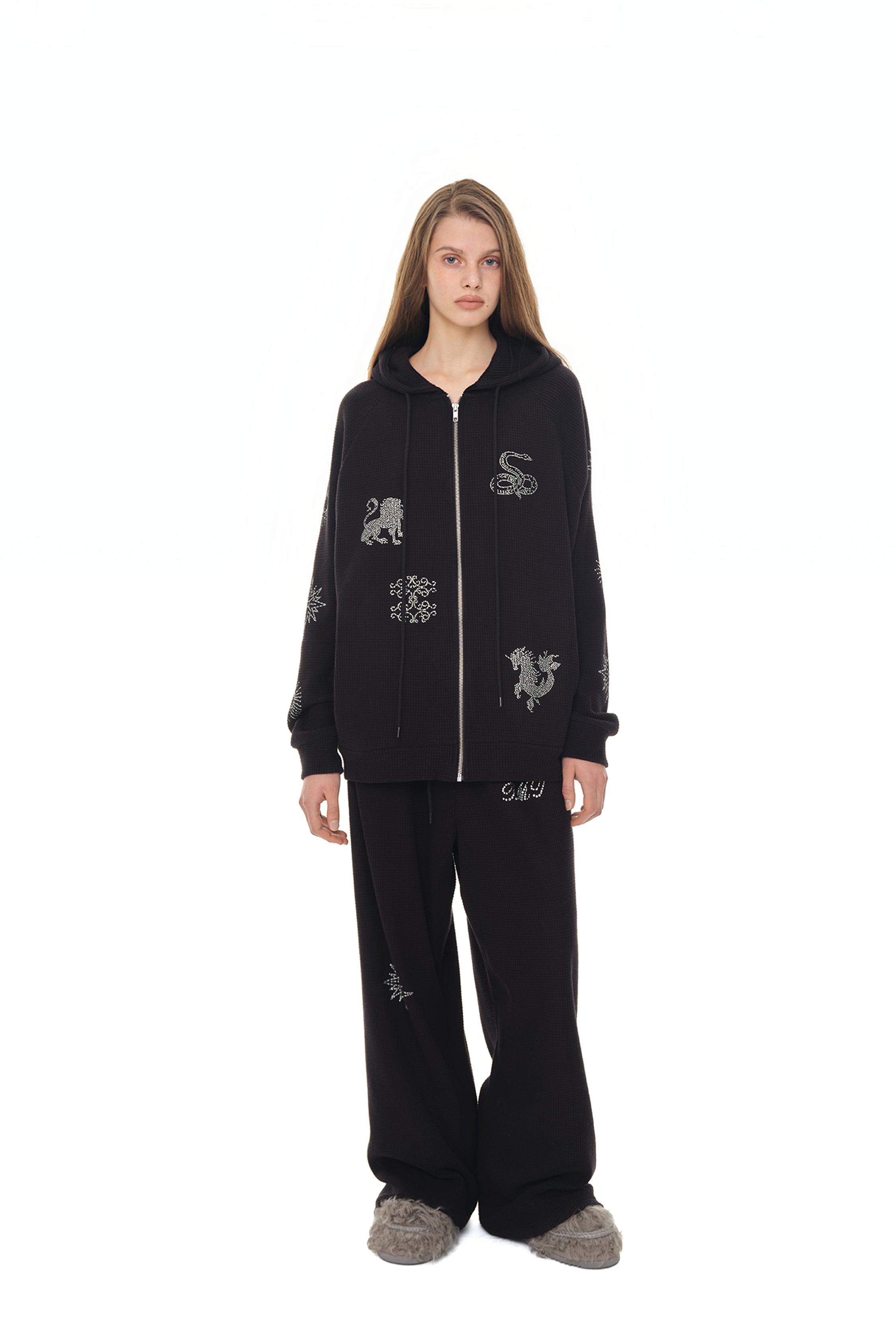 ZODIAC HOTFIX WAFFLE ZIP-UP HOODIE (BLACK)