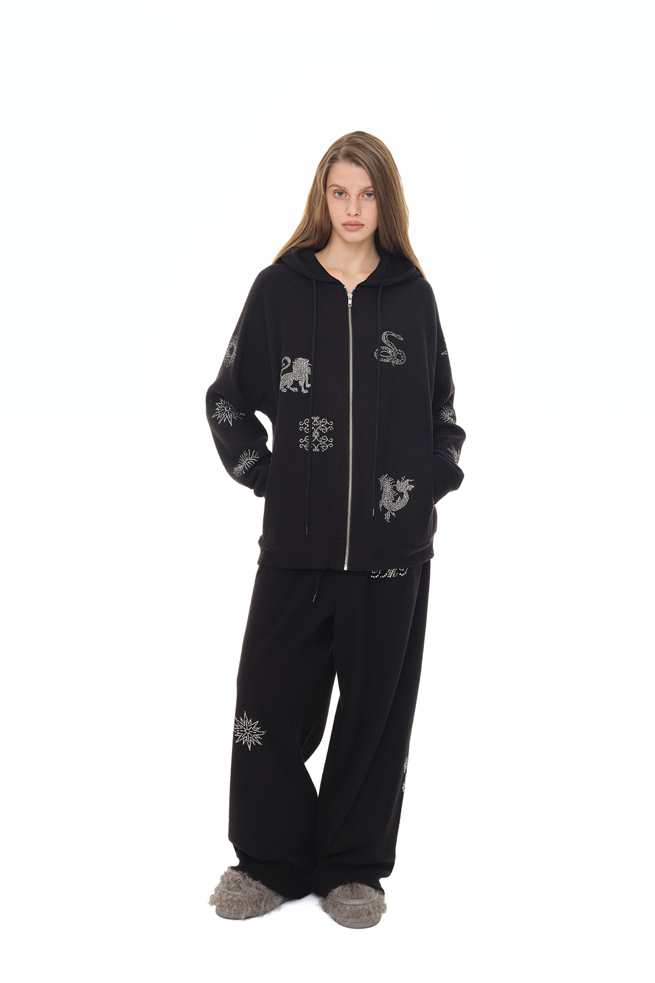 ZODIAC HOTFIX WAFFLE ZIP-UP HOODIE (BLACK)