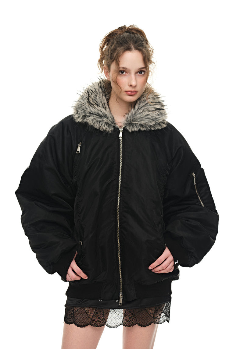 FAUX FUR 02 BOMBER JACKET (BLACK) - 6