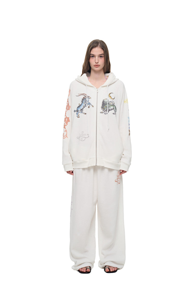 TWIN ZODIAC WAFFLE ZIP-UP HOODIE (WHITE)