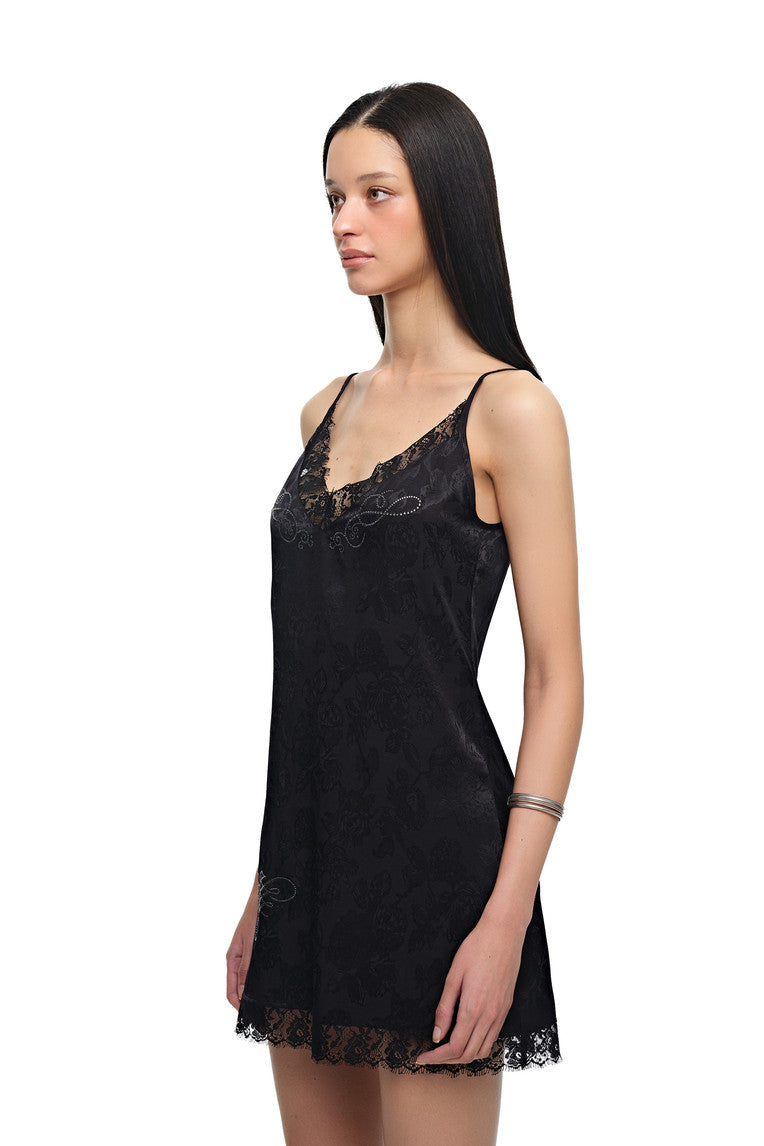 FLORAL HOTFIX MINI SLIP DRESS (BLACK)