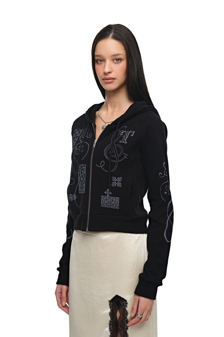 FOLK PATTERN CROP WAFFLE ZIP-UP HOODIE (BLACK)