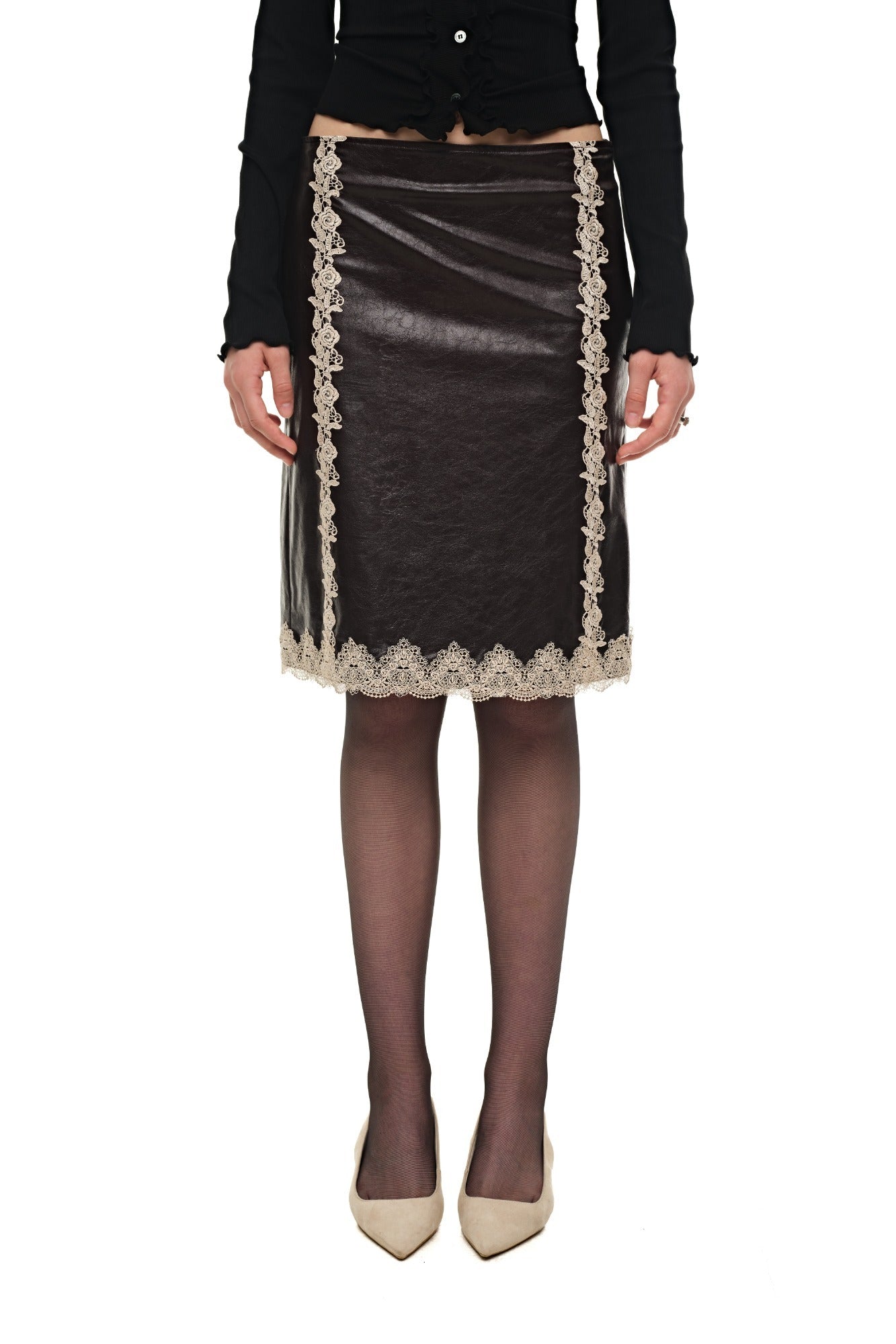 LACE POINT LEATHER MIDI SKIRT (BURGUNDY)