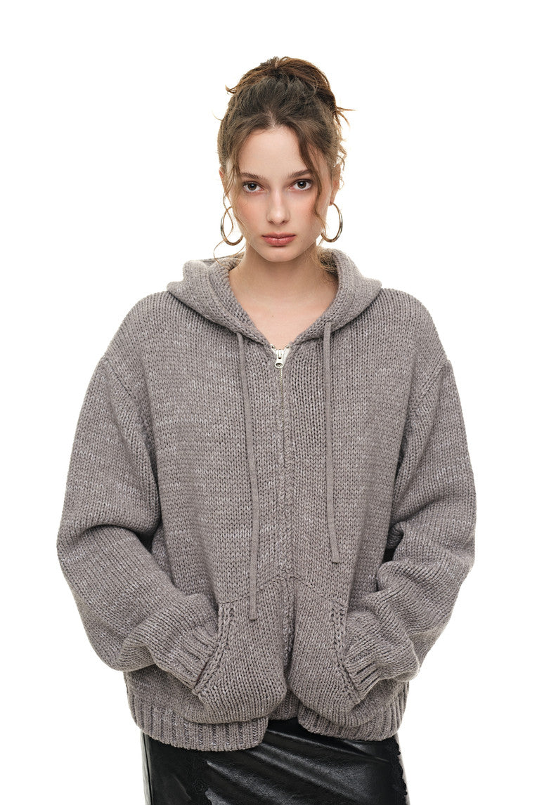 HEAVY KNIT ZIP-UP HOODIE (MELANGE GRAY)