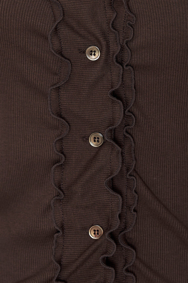 FRILL TRIM V-NECK CARDIGAN (BROWN)