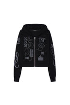 FOLK PATTERN CROP WAFFLE ZIP-UP HOODIE (BLACK)