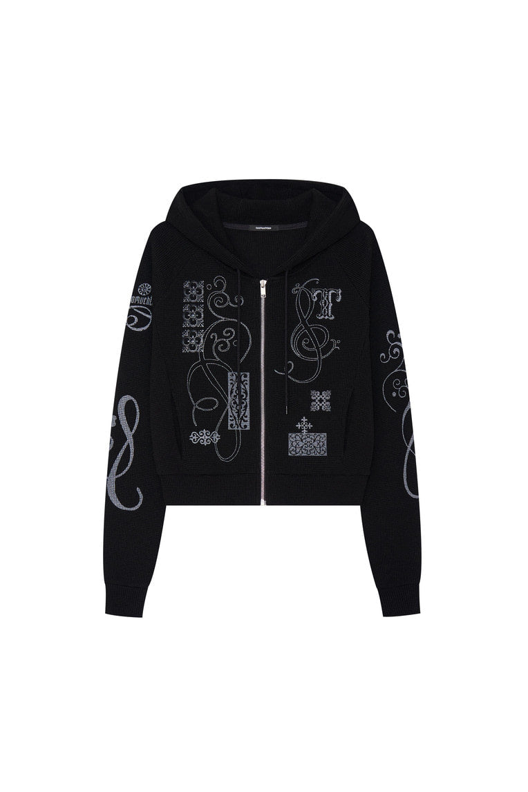 FOLK PATTERN CROP WAFFLE ZIP-UP HOODIE (BLACK)