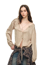 FRILL TRIM TIE BLOUSE (BEIGE)