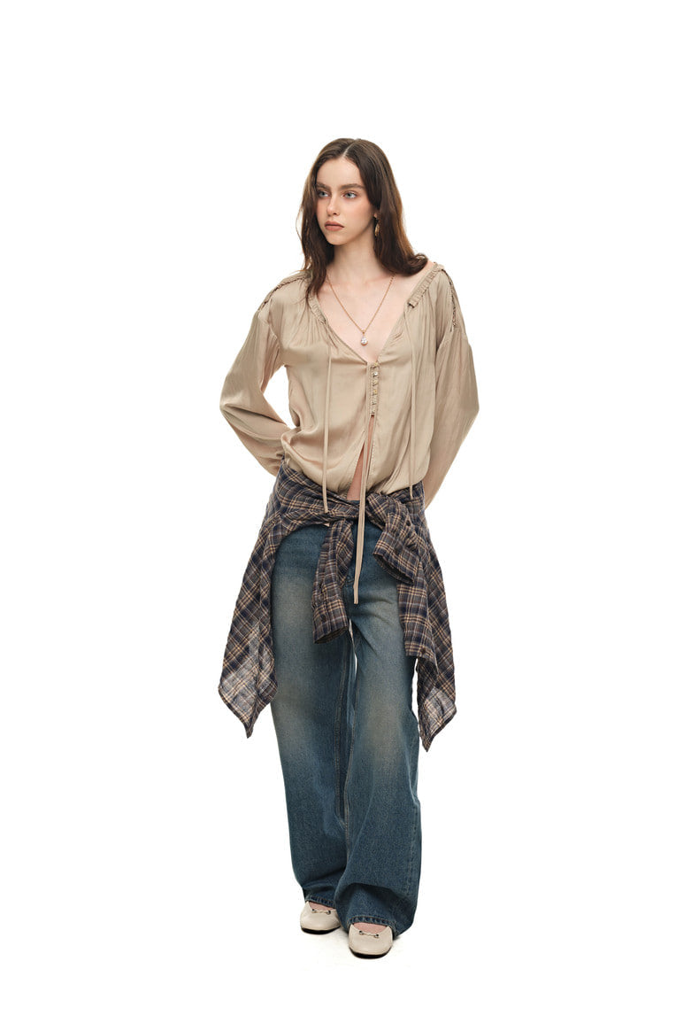 FRILL TRIM TIE BLOUSE (BEIGE)