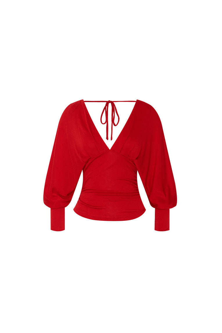 DEEP V-NECK SHIRRING TOP (RED)