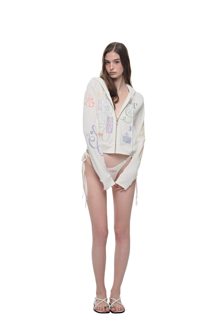 FOLK PATTERN CROP WAFFLE ZIP-UP HOODIE (WHITE)