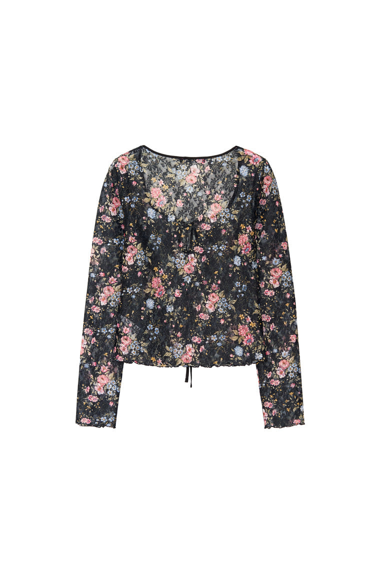 METALLIC FLORAL KEYHOLE TIE TOP (BLACK)