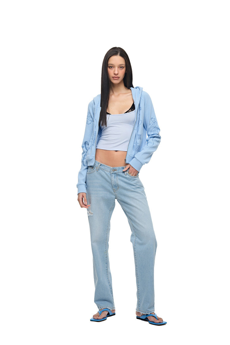 FOLK PATTERN CROP WAFFLE ZIP-UP HOODIE (LIGHT BLUE)