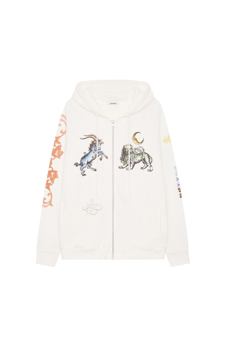 TWIN ZODIAC WAFFLE ZIP-UP HOODIE (WHITE)
