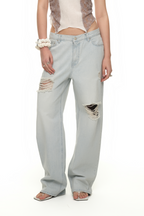 LOW RISE LOOSE-FIT DAMAGED JEANS (ICE BLUE)