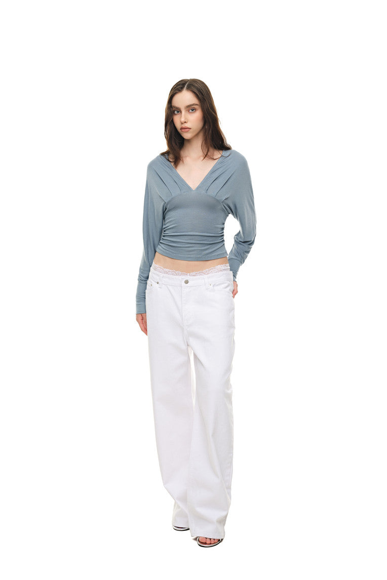 DEEP V-NECK SHIRRING TOP (LIGHT BLUE)