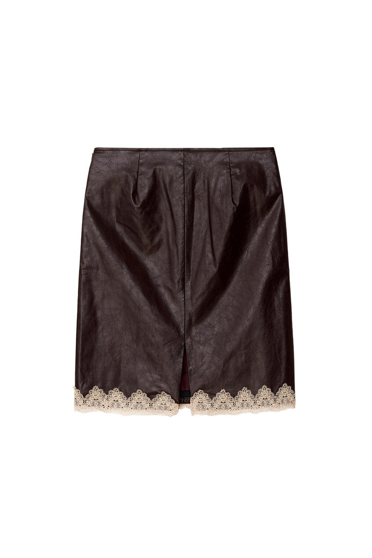 LACE POINT LEATHER MIDI SKIRT (BURGUNDY)