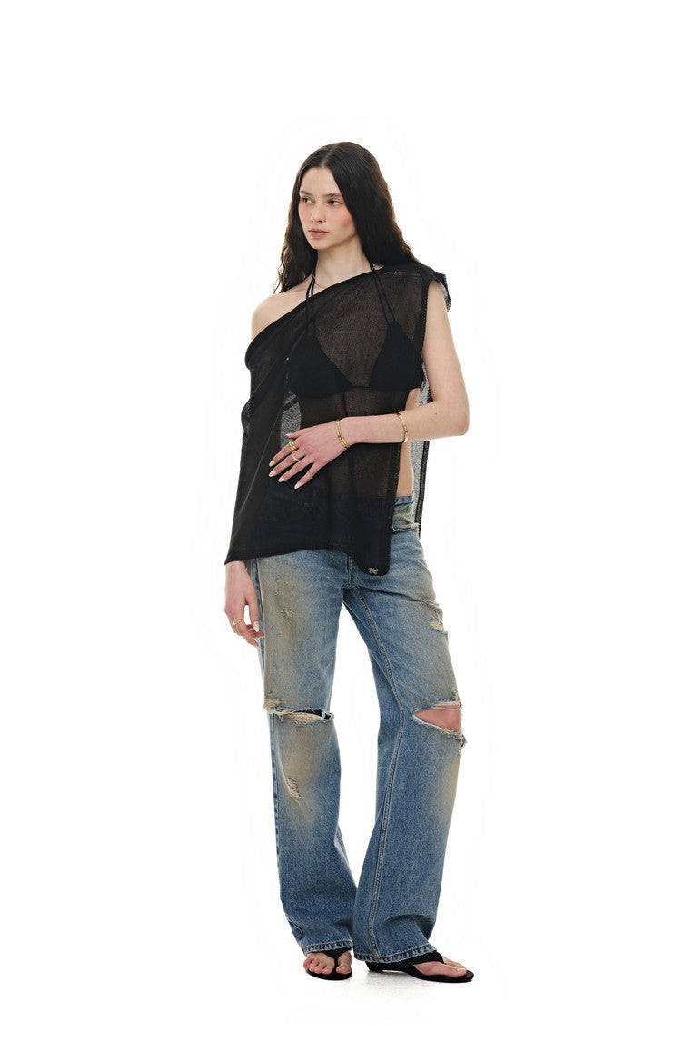 SHEER LINEN KNIT SHAWL (BLACK)
