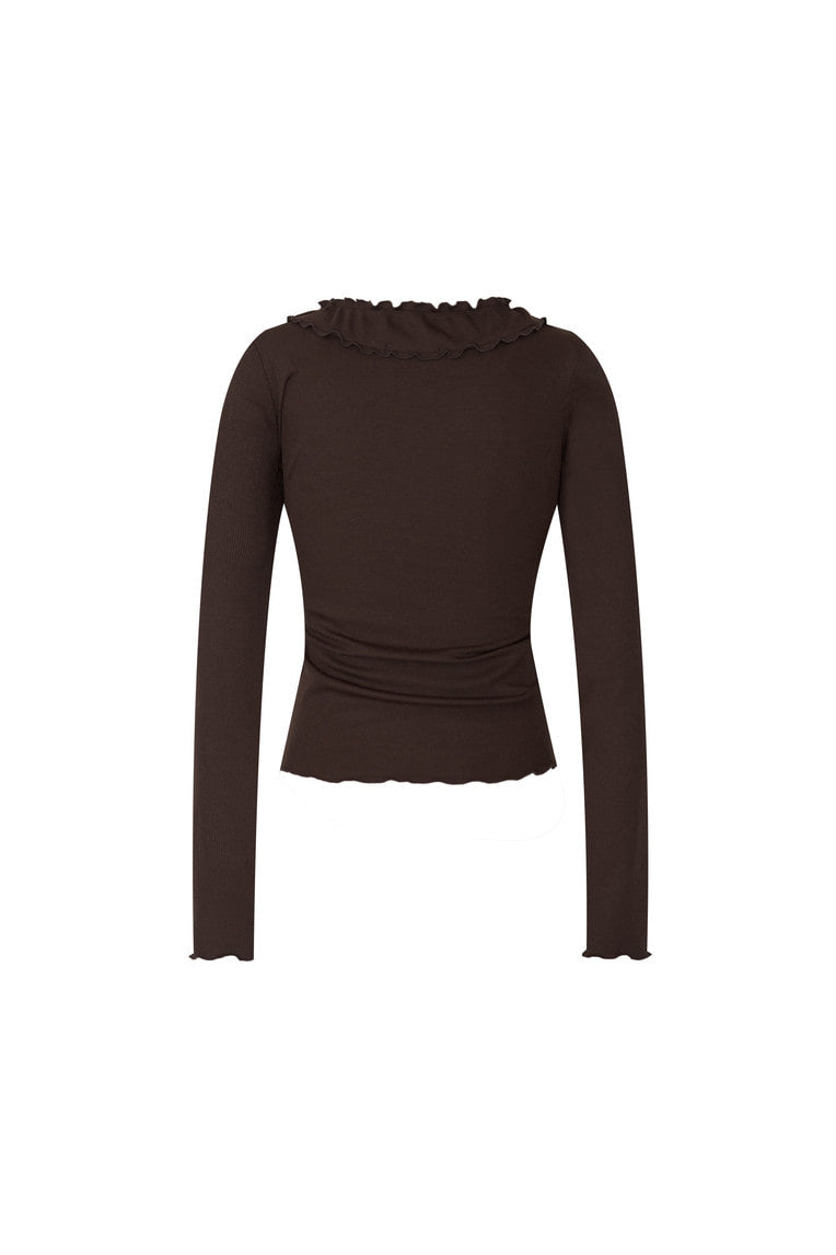 FRILL TRIM V-NECK CARDIGAN (BROWN)