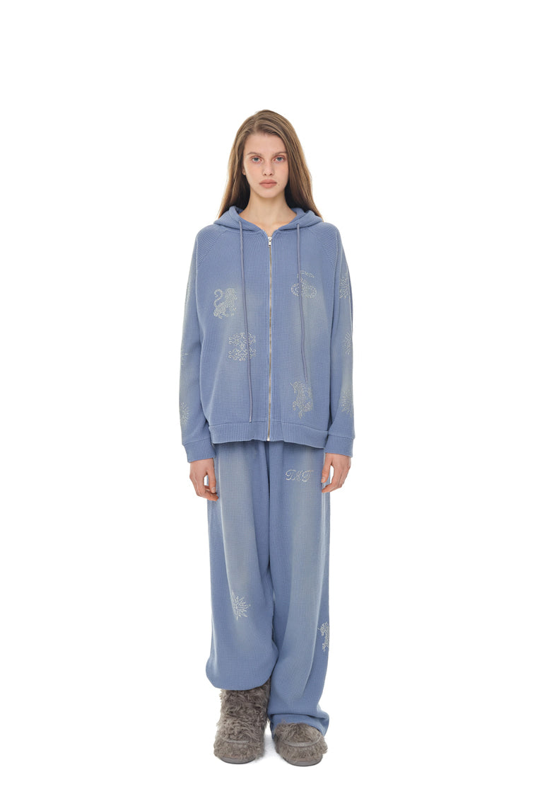 ZODIAC HOTFIX WAFFLE ZIP-UP HOODIE (WASHED BLUE)