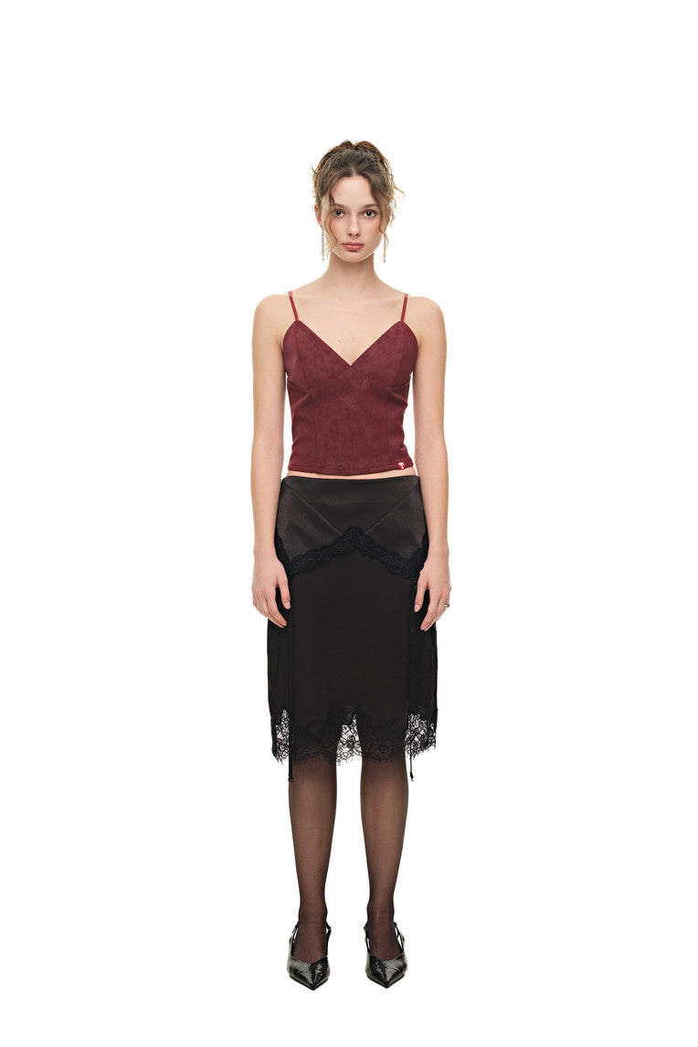LACE TRIM GARTER MIDI SKIRT (BLACK)
